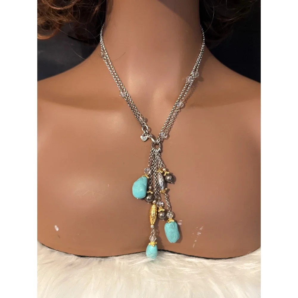 Brighton Turquoise Pearl Silver Gold Tone Tassel Necklace 17.5